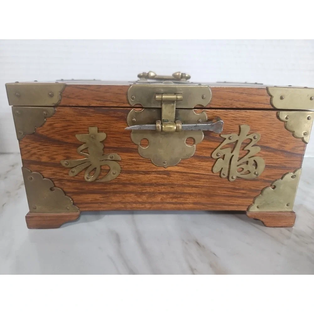 Antique Chinese Wood Jewelry Box Ornate Brass Accents Lined Pull Out Shelf